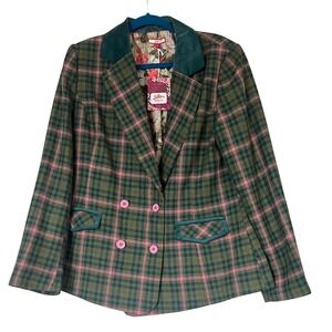 New! Joe Browns Plaid Blazer Velvet Trim Pink Button Floral Lined Jacket S 12 US